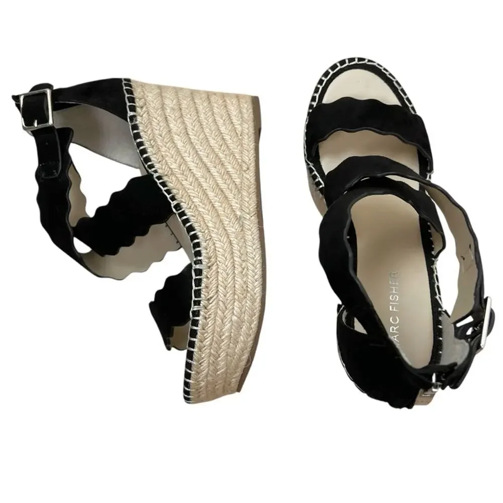 NEW Marc Fisher Calita Black Suede Platform Espadrille Wedge Sandals 7